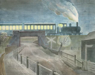 Train Going Over a Bridge at Night